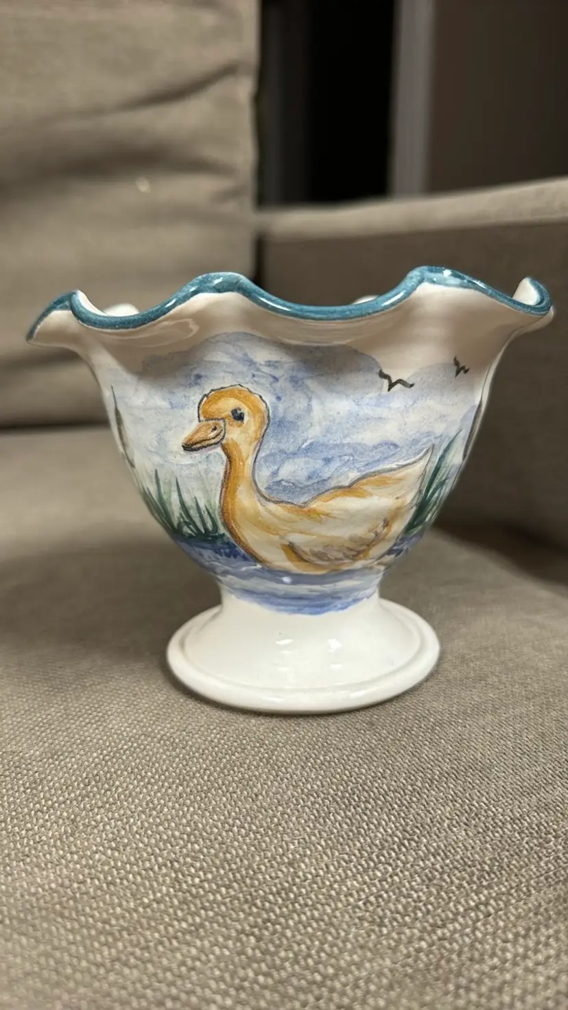 Cagle Road Pottery Candy Dish candle Bowl with duck and cattails Signed 2003