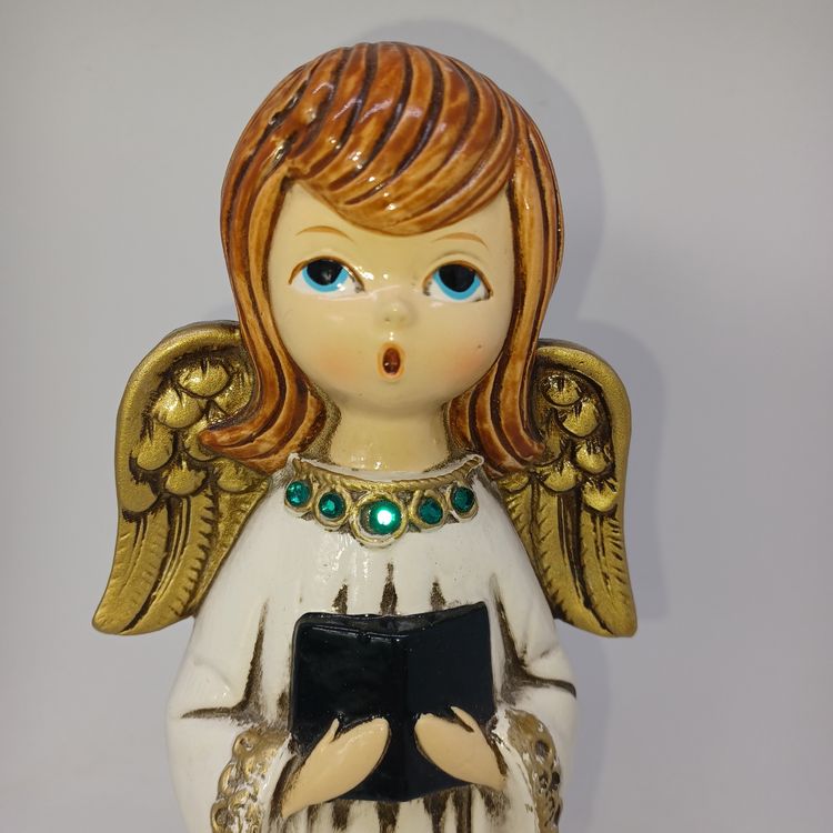 Vintage Mid Century Paper Mache Singing Christmas Angel White Robe with Green...