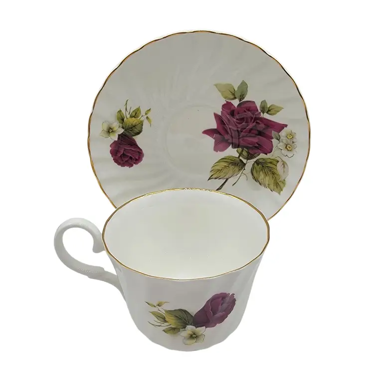 Allyn Nelson Bone China Tea Cup Saucer Set With Burgandy Rose Floral Design