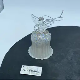Glass Angel Faux bell ornament with glitter and sequins, branded "Noël BOWRING Holiday".