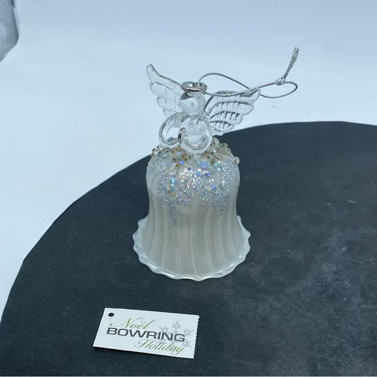 Glass Angel Faux bell ornament with glitter and sequins, branded "Noël BOWRING Holiday".