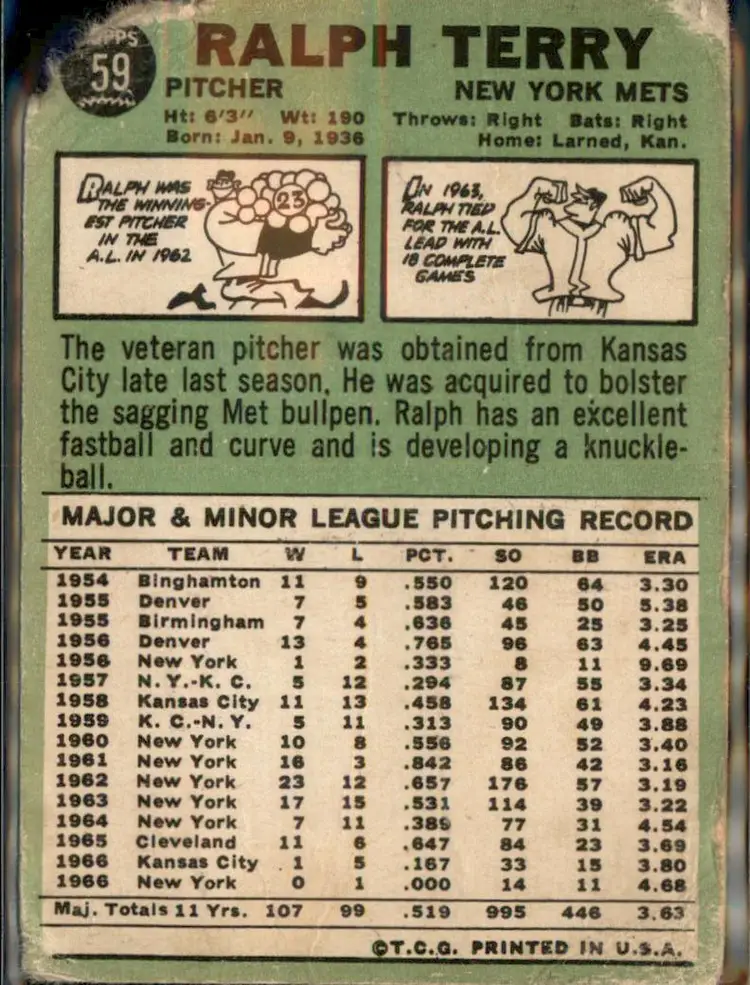 1967 Topps #59 Ralph Terry - (pk3) - New York Mets