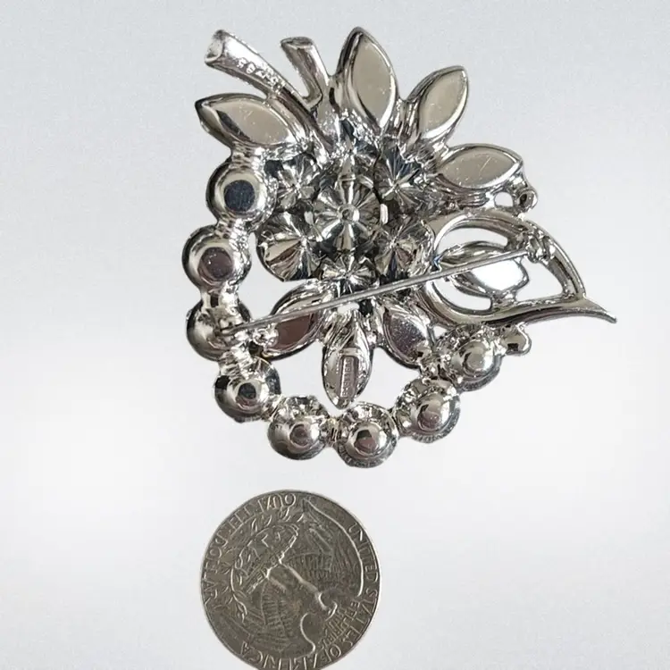 EISENBERG Large Icy Blue Dimensional  Floral Broach With Clear Rhinestones Accents