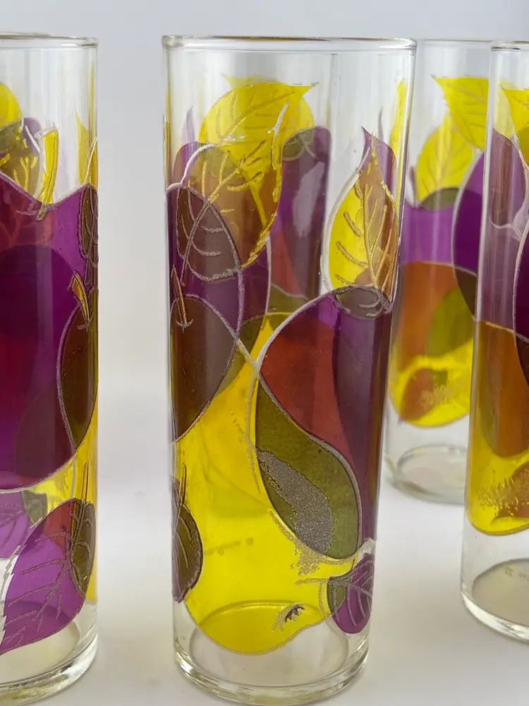 6  MCM Federal Glass Fruit Tall Highball Tom Collins Glasses Apples Lemons Pears