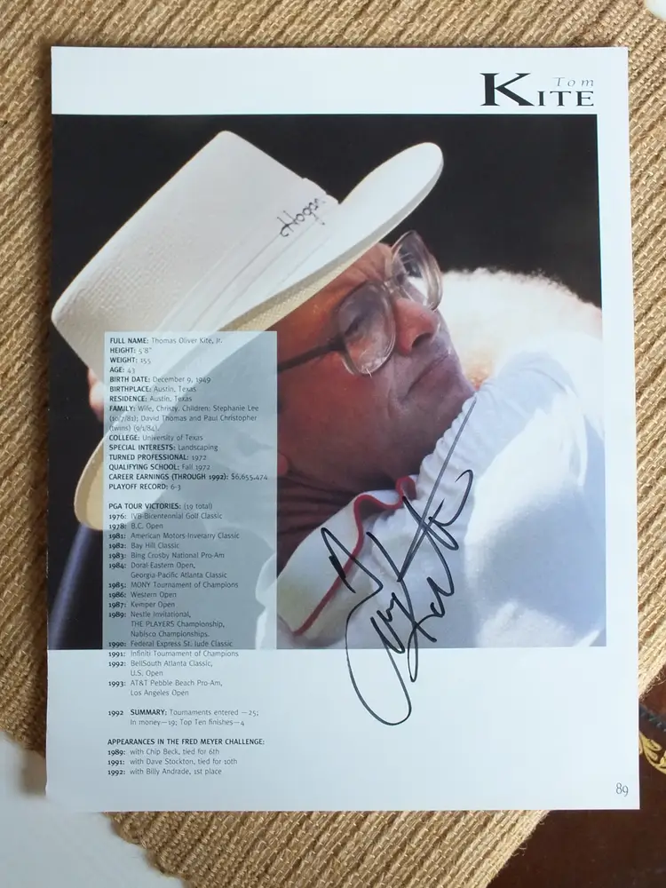 Tom Kite Signed Autograph Signature 8.5x11 Golf Program Sheet with an LOA COA by JSA!