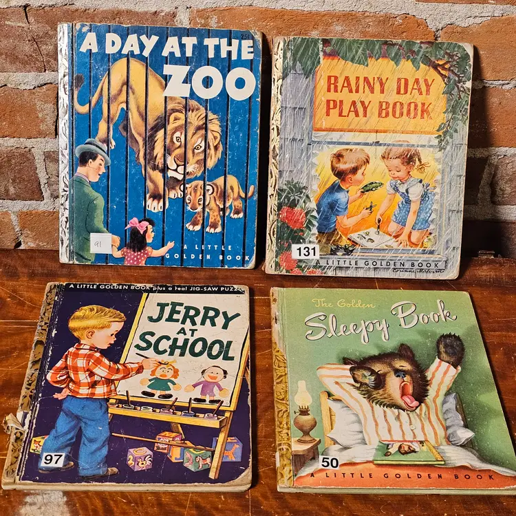 Vintage Little Golden Books Lot 4 Sleepy Book Rainy Day Play Zoo Jerry School First Editions
