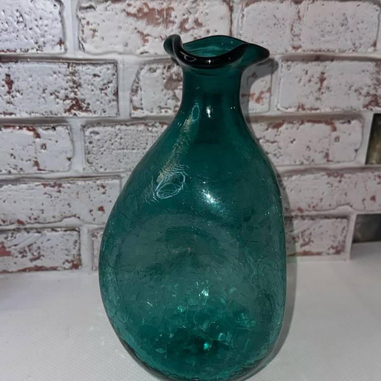 Blenko Or MCM  Pinch Decanter  Light Blue with maybe a hi T of green Crackle Glass - No Stopper