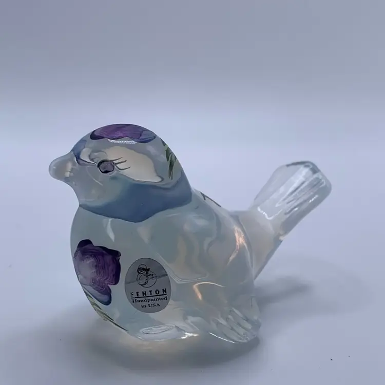 Fento Handcrafted Art Glass Opalescent Purple Flower Bird