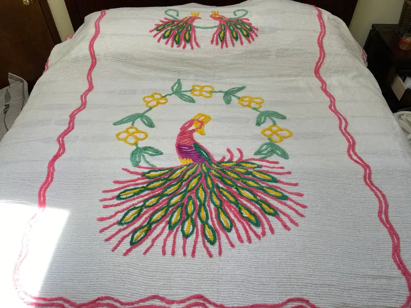 Vintage Chenille Peacock Bedspread