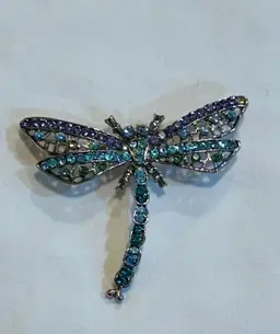 Rhinestone Dragonfly Brooch Silver Tone 2” X 2.5”