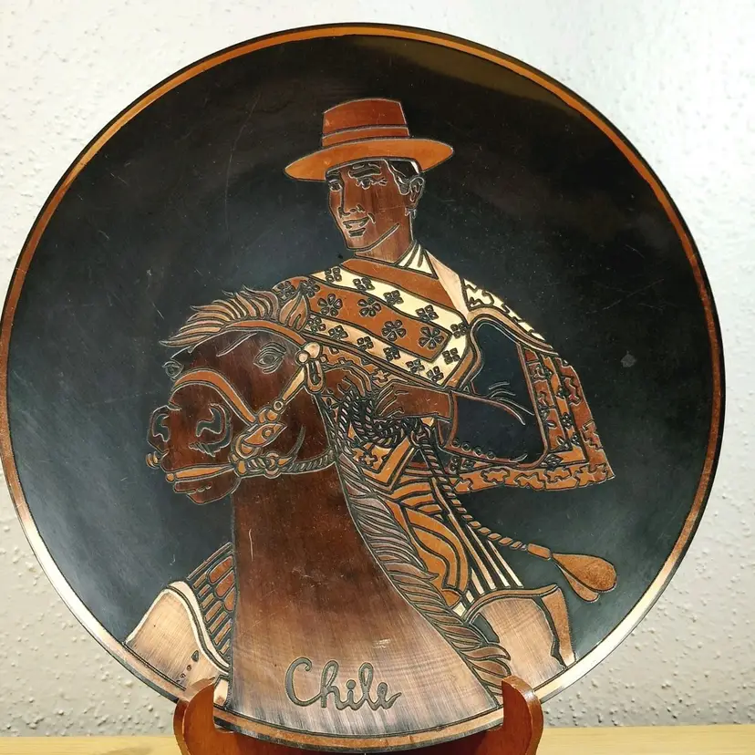 Vintage Copper Folk Art Chile Etched Horse Cowboy Metal Plate Bowl