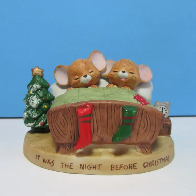 vintage Night Before Christmas ceramic mice in bed figure