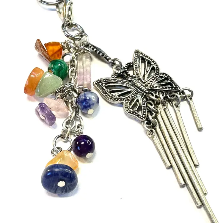 Butterfly Natural Stone Beaded Phone Charm Repurposed Jewelry Made By Me 2.5”