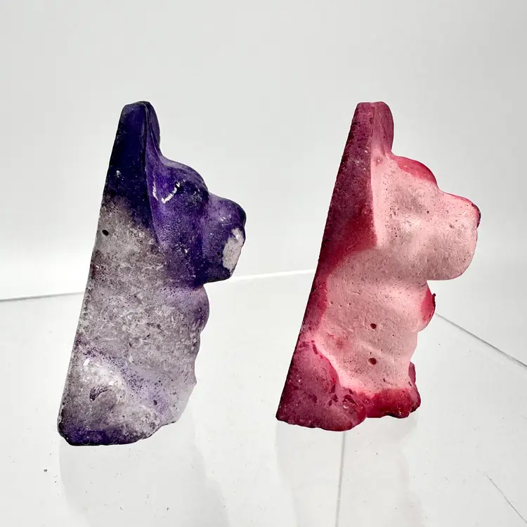 2 Vintage Chalkware French Bulldog Dog Figurines Red and Purple Carnival Prize