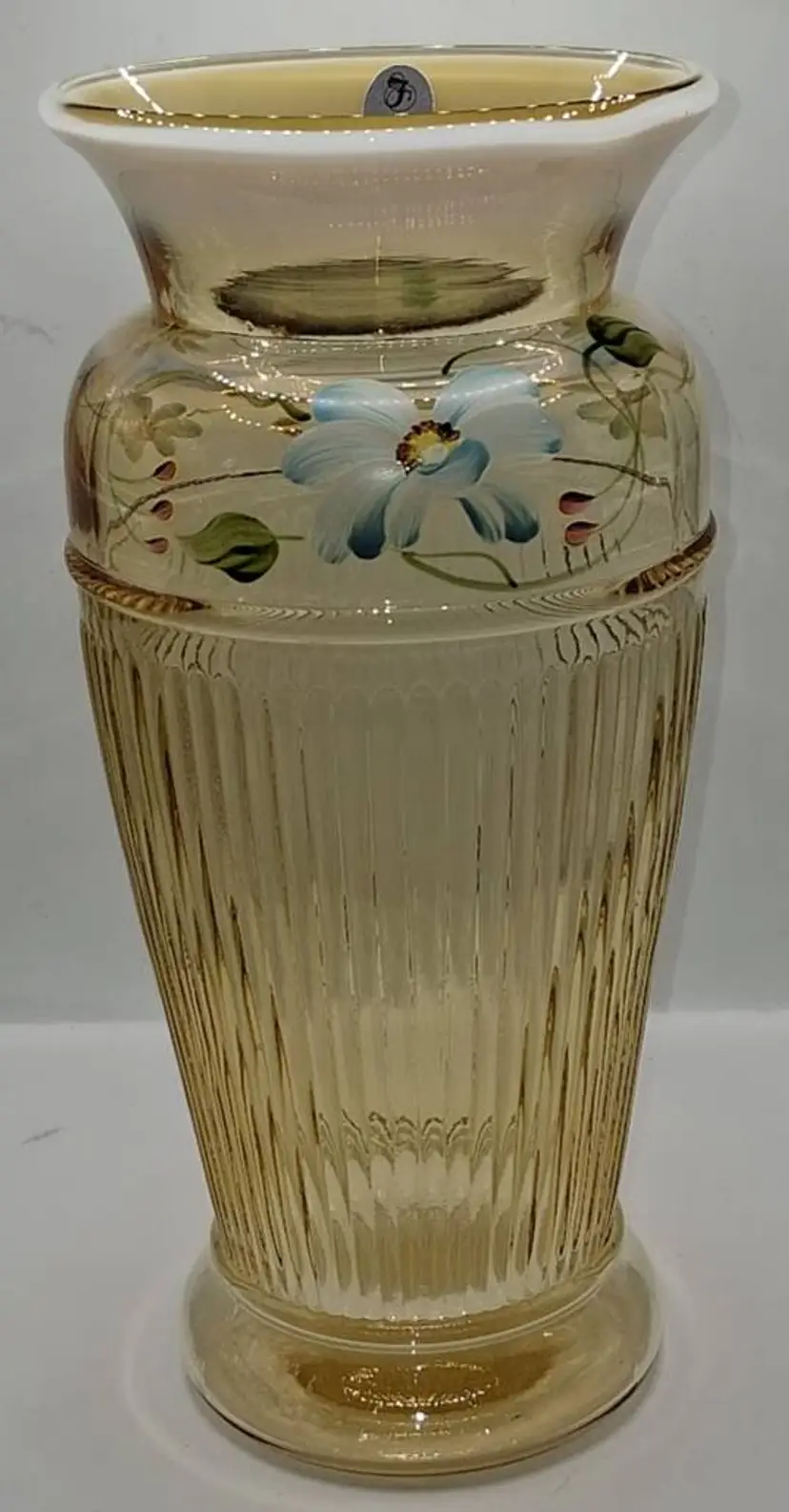 Vintage Fenton 'Daisy Blue On Silken Sand' Ribbed Opalescent Vase, Hand-Painted  By Jane Burkhart