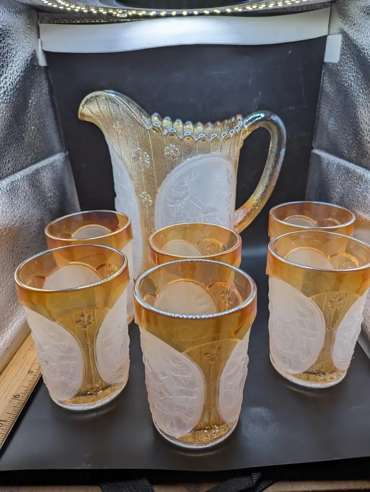 Vintage Carnival Glass Pitcher and Tumbler Set