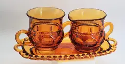 Vintage Indiana Glass King's Crown Thumbprint Amber Sugar, Cream and 9" Tray