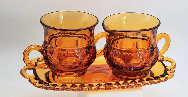 Vintage Indiana Glass King's Crown Thumbprint Amber Sugar, Cream and 9" Tray