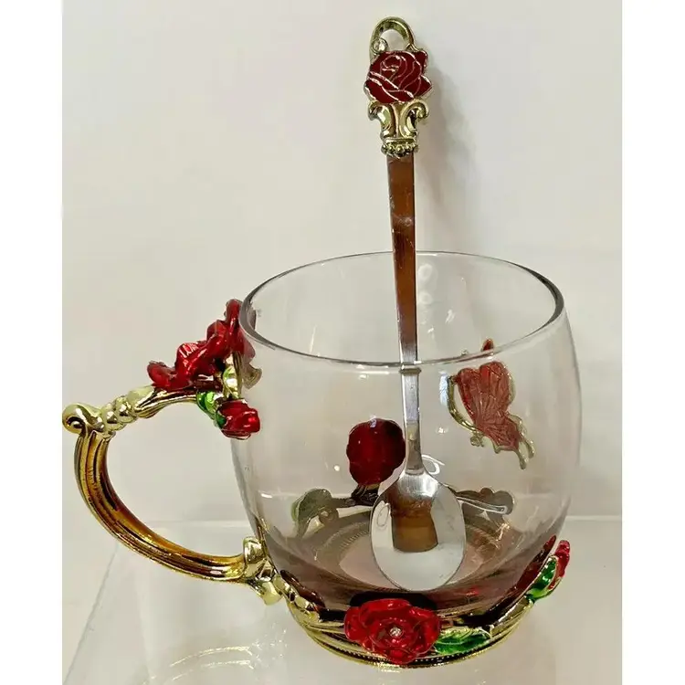 Enameled Red Rose Butterfly Glass Teacup & Spoon ~ Arc of France