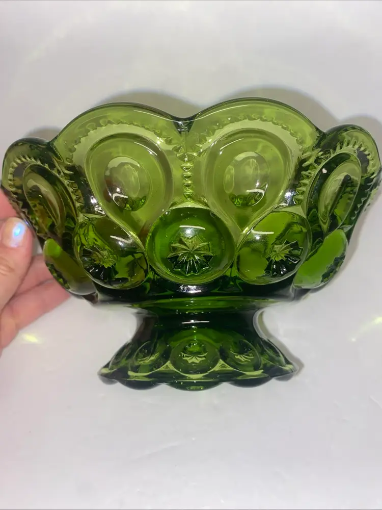 Vintage L.E. Smith Moon & Stars Green Glass Footed Compote/Candy Dish