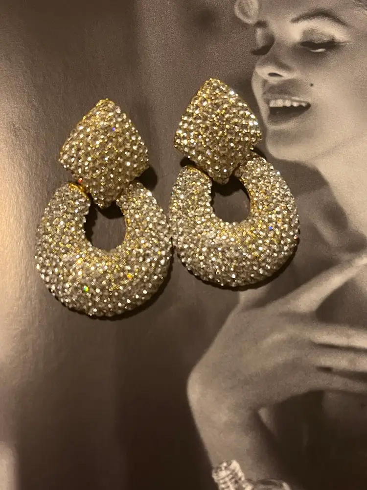 HUGE Gold Tone Sparkling Pave Crystals Door Knocker Earrings.