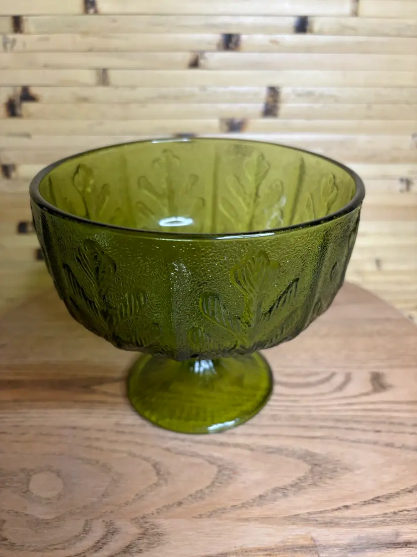 Green Glass Candy Bowl Vase Leaf Footed Dish Avocado Goblet