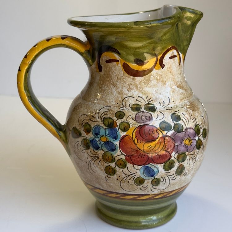 #1381 Vintage Celletti Dezuta Italian Pottery Water Jug Pitcher Multi Colored Pinched Spout