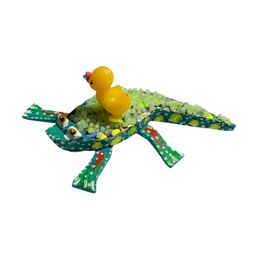 #01 - 12. Made By Me Colorful Hand Carved Wooden Alebrije Alligator 🐊 With A Bird Rubber Ducky On It By 3.5” Featuring Turquoise Base Color Made By Me