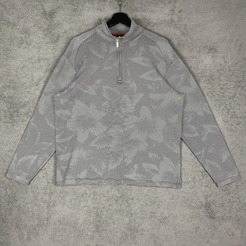 Tommy Bahama Sweater Mens Large Gray Floral Waffle Knit Quarter Zip Pullover