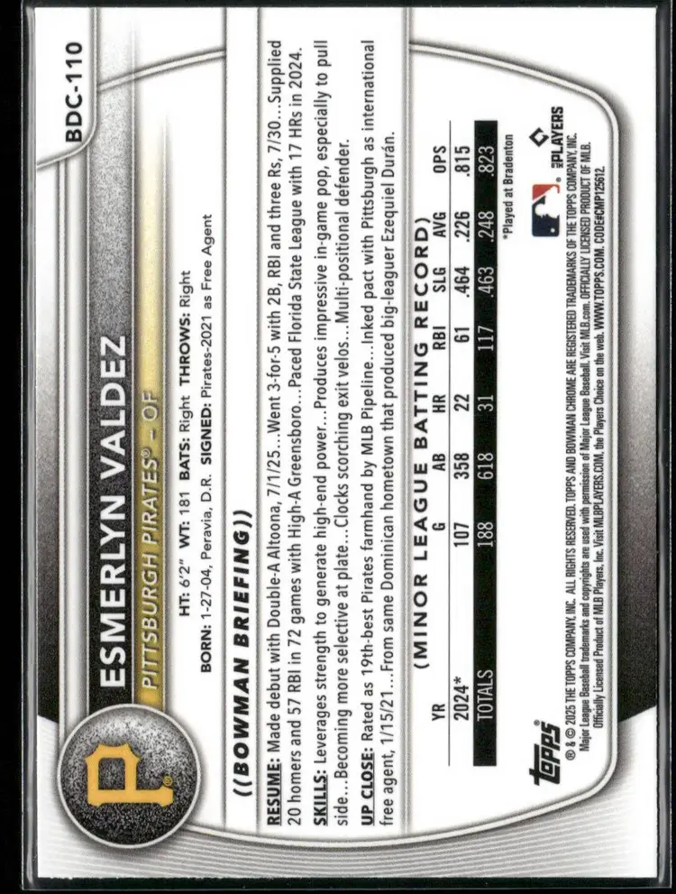 Esmerlyn Valdez 2025 Bowman Chrome Prospects Pittsburgh Pirates