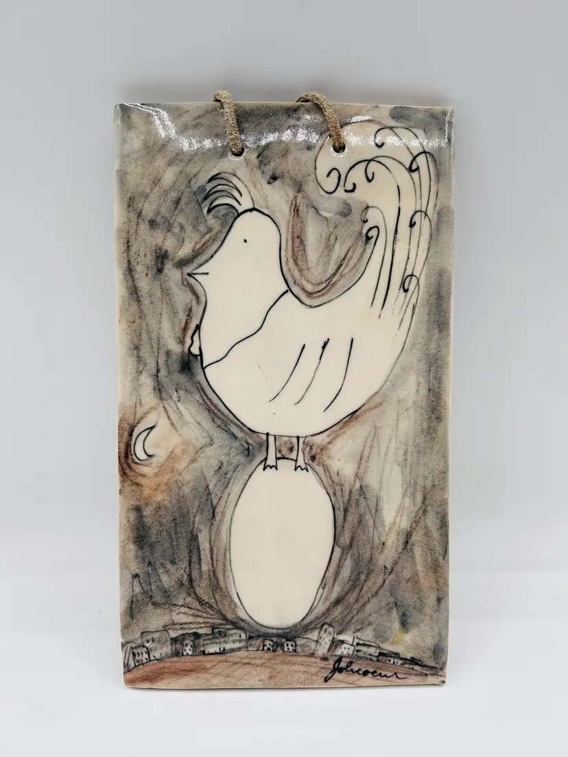 Studio Pottery Whimsical Chick On Egg Over City  Plate Nova Scotia Canada Signed Jolicoeur