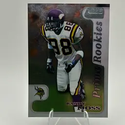 VIKINGS 3 CARD WR ROOKIE LOT. RANDY MOSS 1998 STADIUM CLUB RC. JUSTIN JEFFERSON 2020 CHRONICLES RC. JORDAN ADDISON 2023 MOSAIC GREEN RC