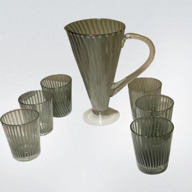 Handblown Art Glass Smoky Swirl Pitcher 10” H + 6 Glasses 4” H