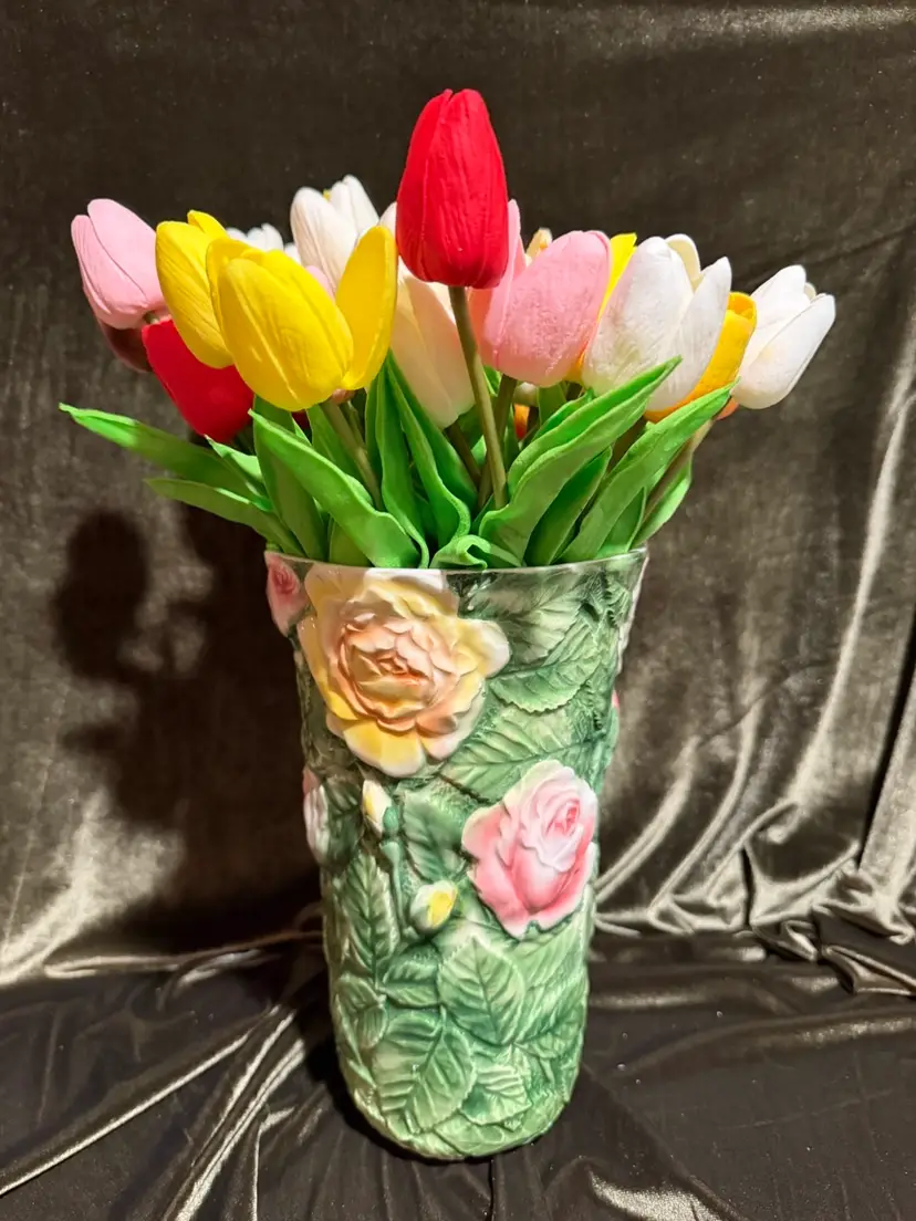 Italian Hand-Painted Rose Relief Ceramic Vase Majolica Style