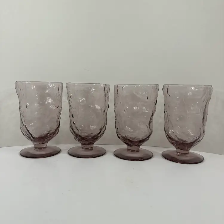 Set of 4 Morgantown Crinkle Glass Purple Amethyst Water Goblet Footed Tumblers