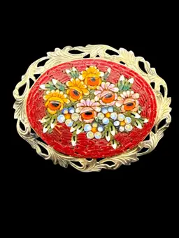 800 Silver Micro Mosaic Brooch Red Multicolor Openwork Border Hallmark 1 1/2"