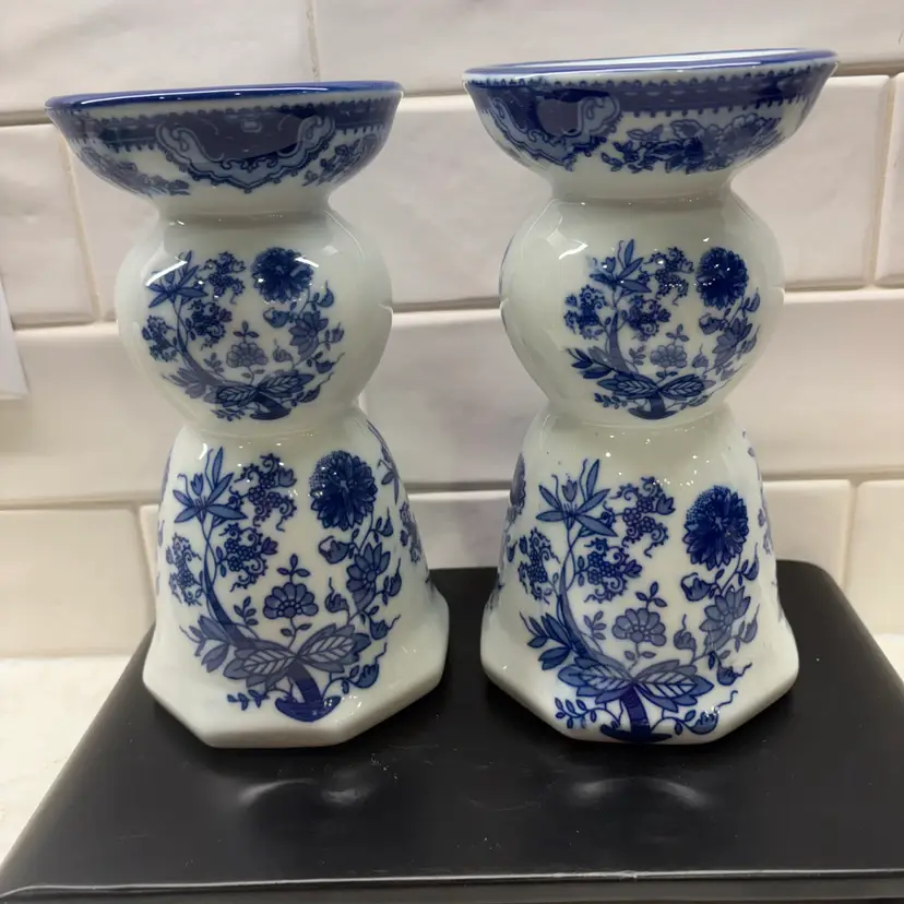 Pair Blue White Chinoiserie Porcelain Pillar Candle Holders 8" Floral