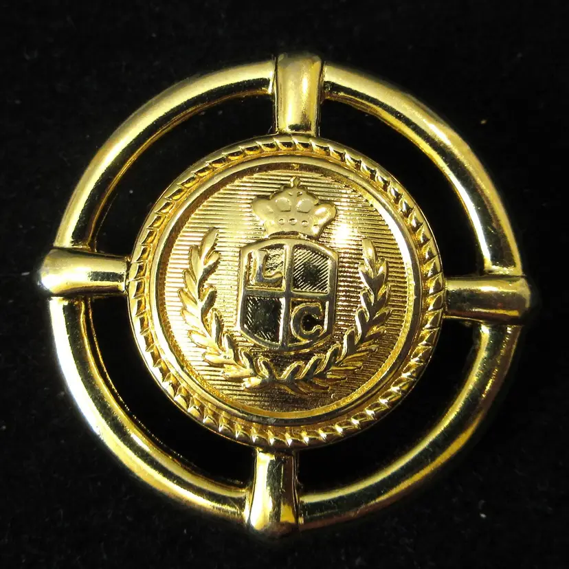 Vintage Liz Claiborne "LC" Insignia Shield 1990s Gold Tone Metal Brooch Pin - 1.5 Inch Diameter