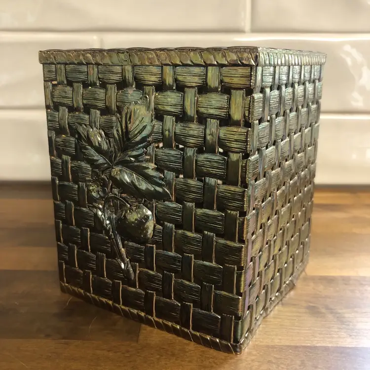 Vintage Gold Tone Square Tissue Box Cover Basket Weave Pattern Strawberry Design