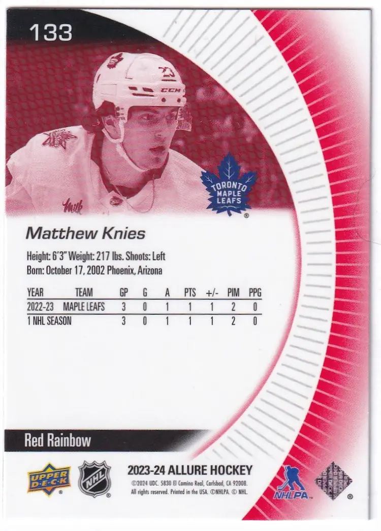 2023-24 Upper Deck Allure Red Rainbow #133 Matthew Knies Toronto Maple Leafs Hockey Card