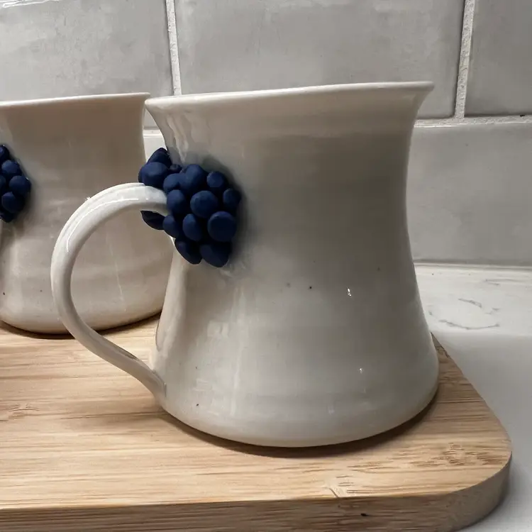 3 Handmade Pottery Mugs with blue grape design around handle, 3 pottery mugs signed by artist