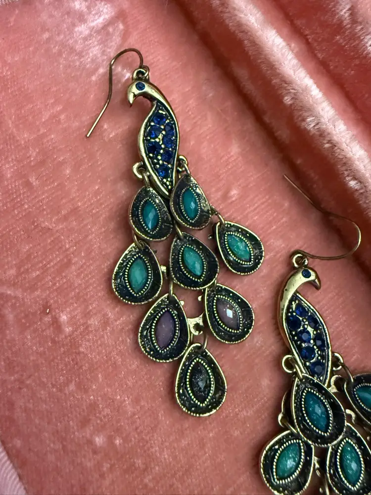 Vintage Pier 1 Beautiful Peacock Earrings. Right & Left Facing Peacock. 3" Long.