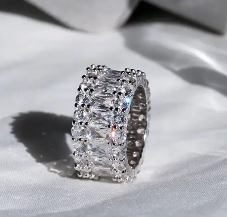 Chunky 18K White Gold Plated Ring With Cubic Zirconia Surrounding The Band