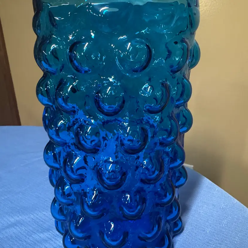 Wayne Husted Blenko blue glass bubble vase 9 5/8” tall hand-blown signature