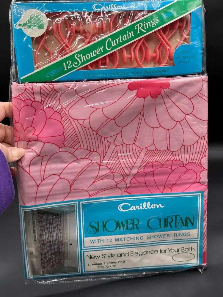Carillon Shower Curtain Vtg 1970s Pink Flowers Vinyl 12 Rings