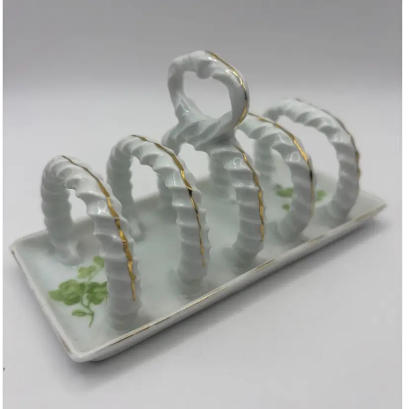 Antique Austrian Porcelain TOAST RACK Gold Lines & Green Floral Details
