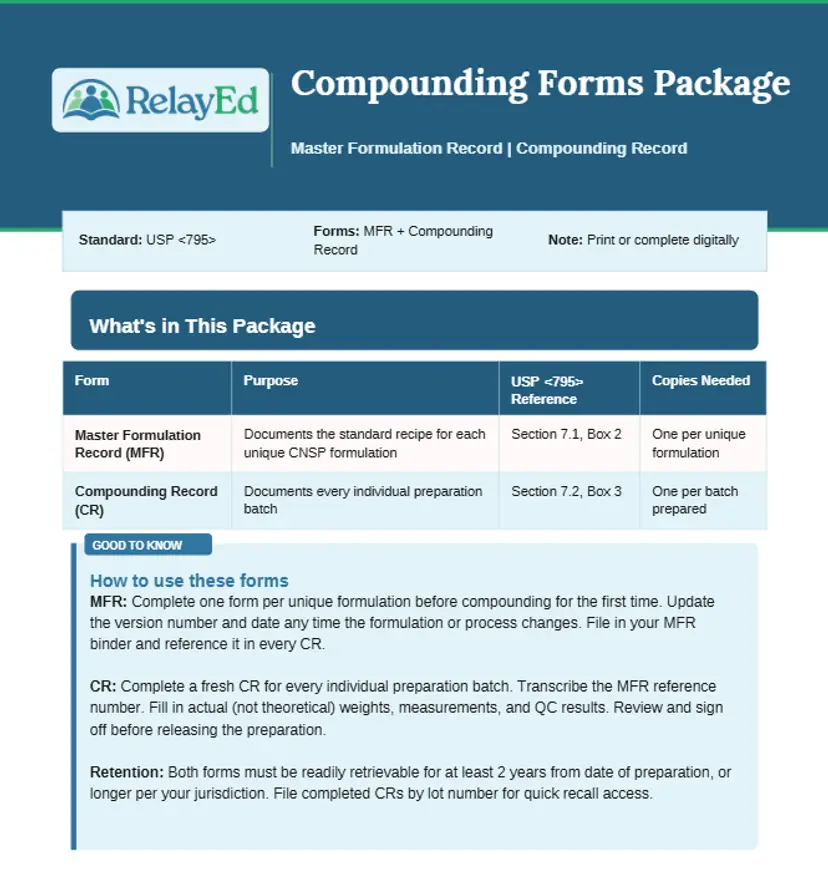 USP ⟨795⟩ Nonsterile Compounding Bundle: 795 Study Guide + MFR & CR Forms