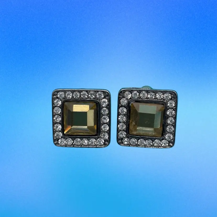 Vintage Emerald-Cut Rhinestone Earrings – Smoky Topaz Glass with Clear Crystal Border