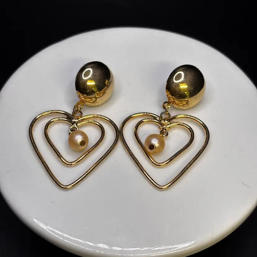 Gold Tone Double Hearts Post Earrings 2”