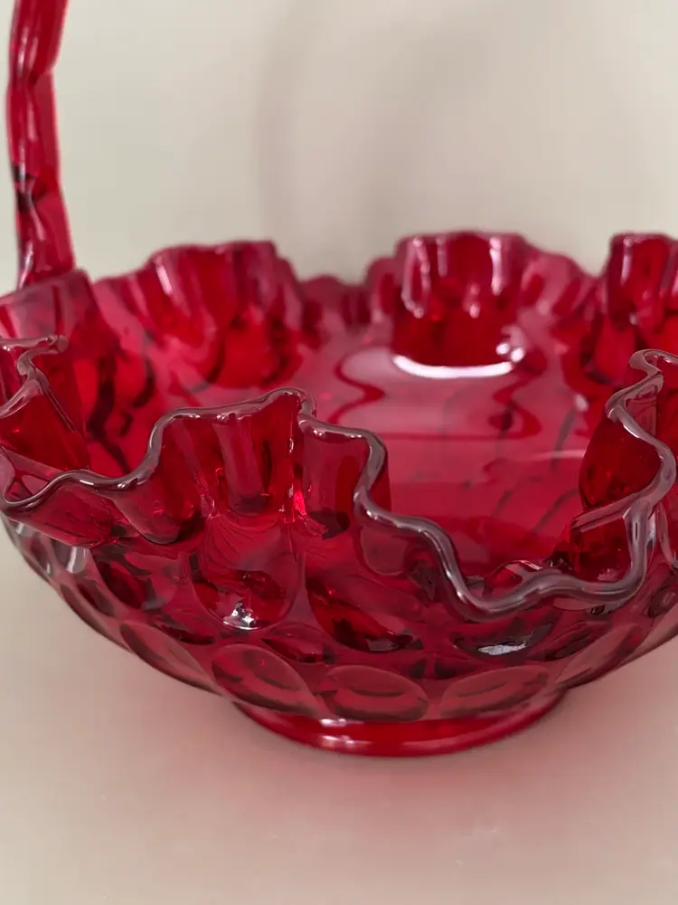 Vintage Fenton Red Ruffled Brides Basket Glass Candy Dish